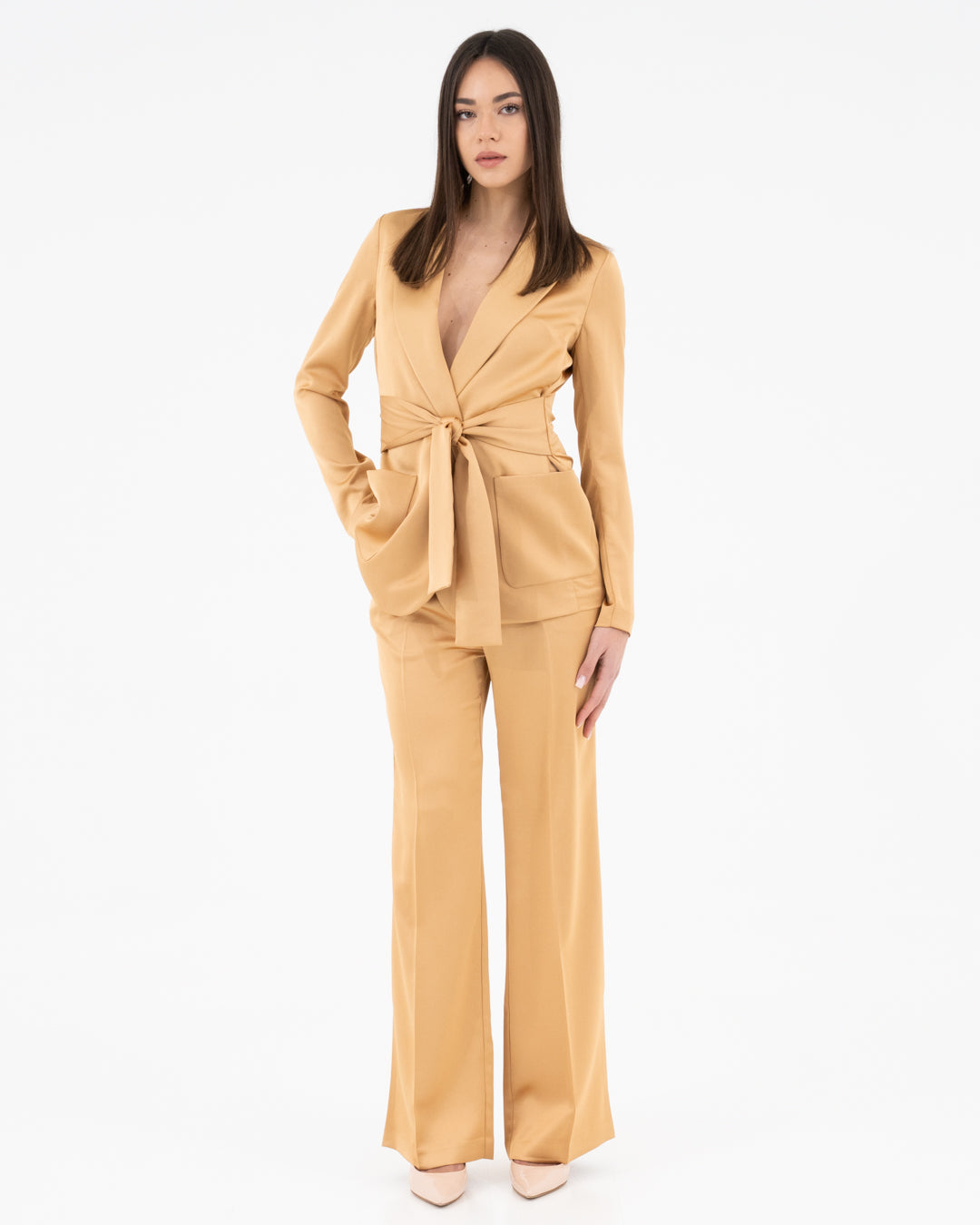 Wide satin trousers with elastic