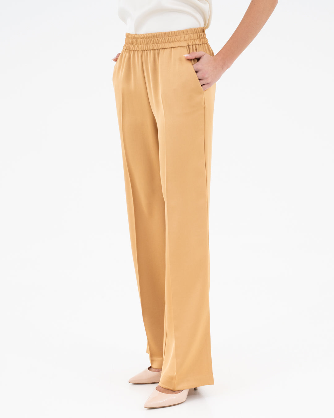 Wide satin trousers with elastic