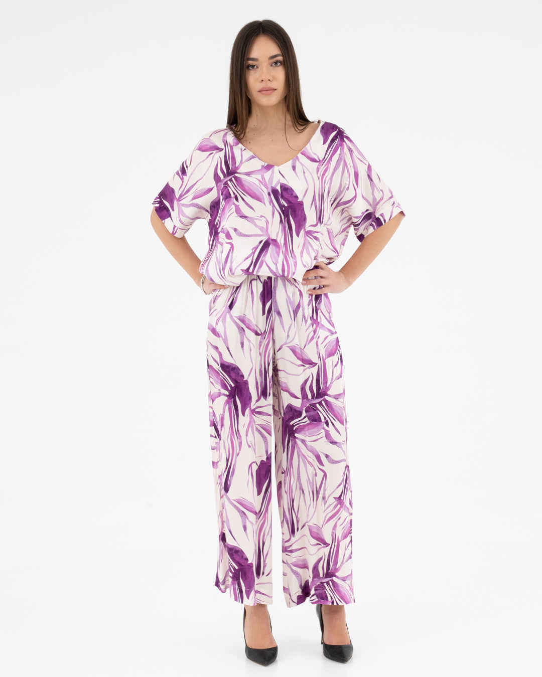 Purple floral patterned trousers