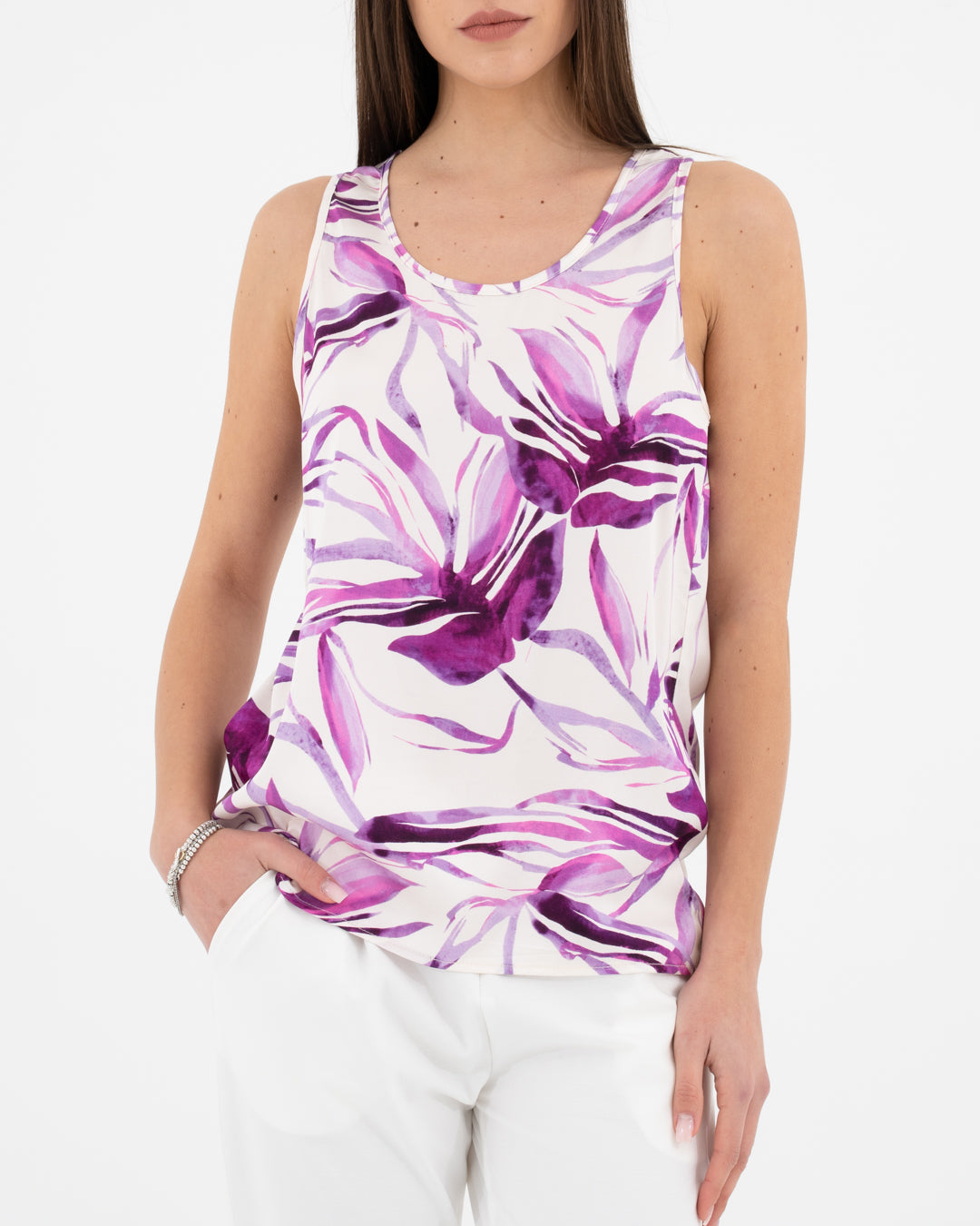 Viscose satin tank top with purple floral pattern