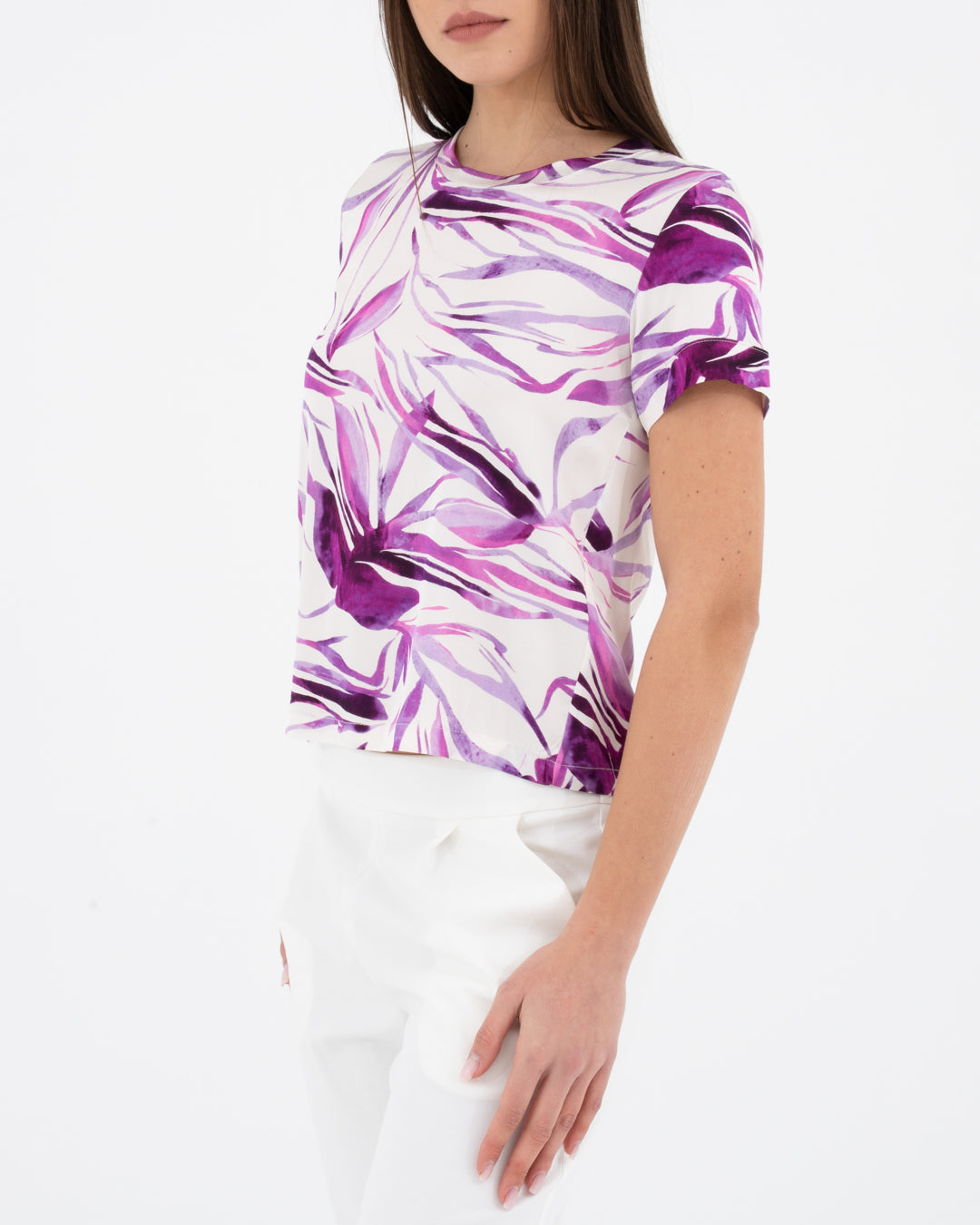Viscose satin t-shirt with purple pattern