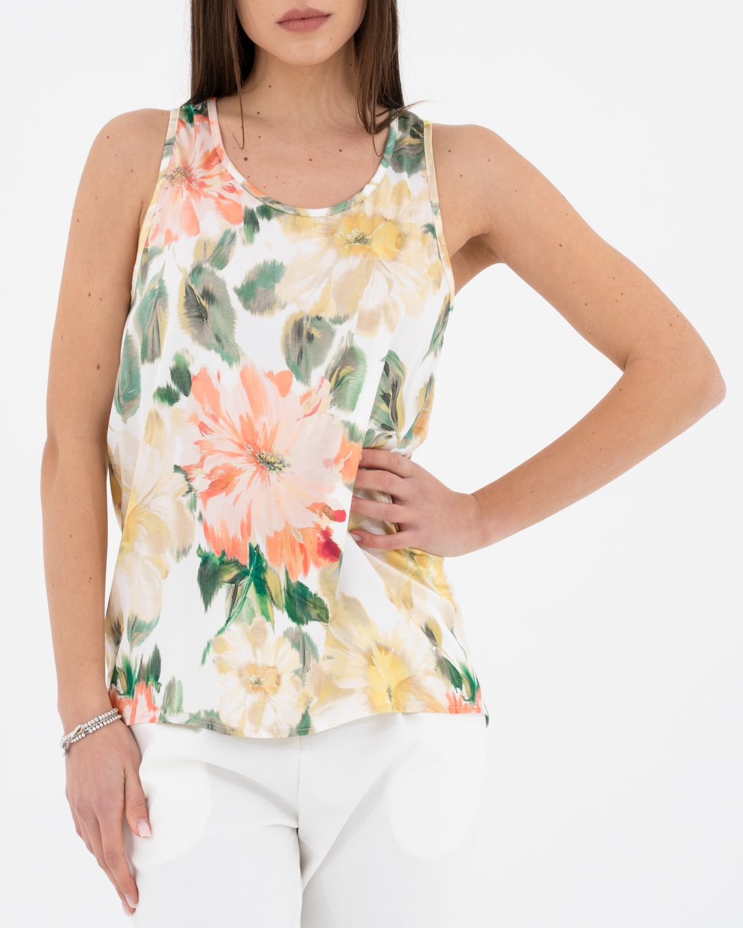 Viscose satin tank top with floral pattern