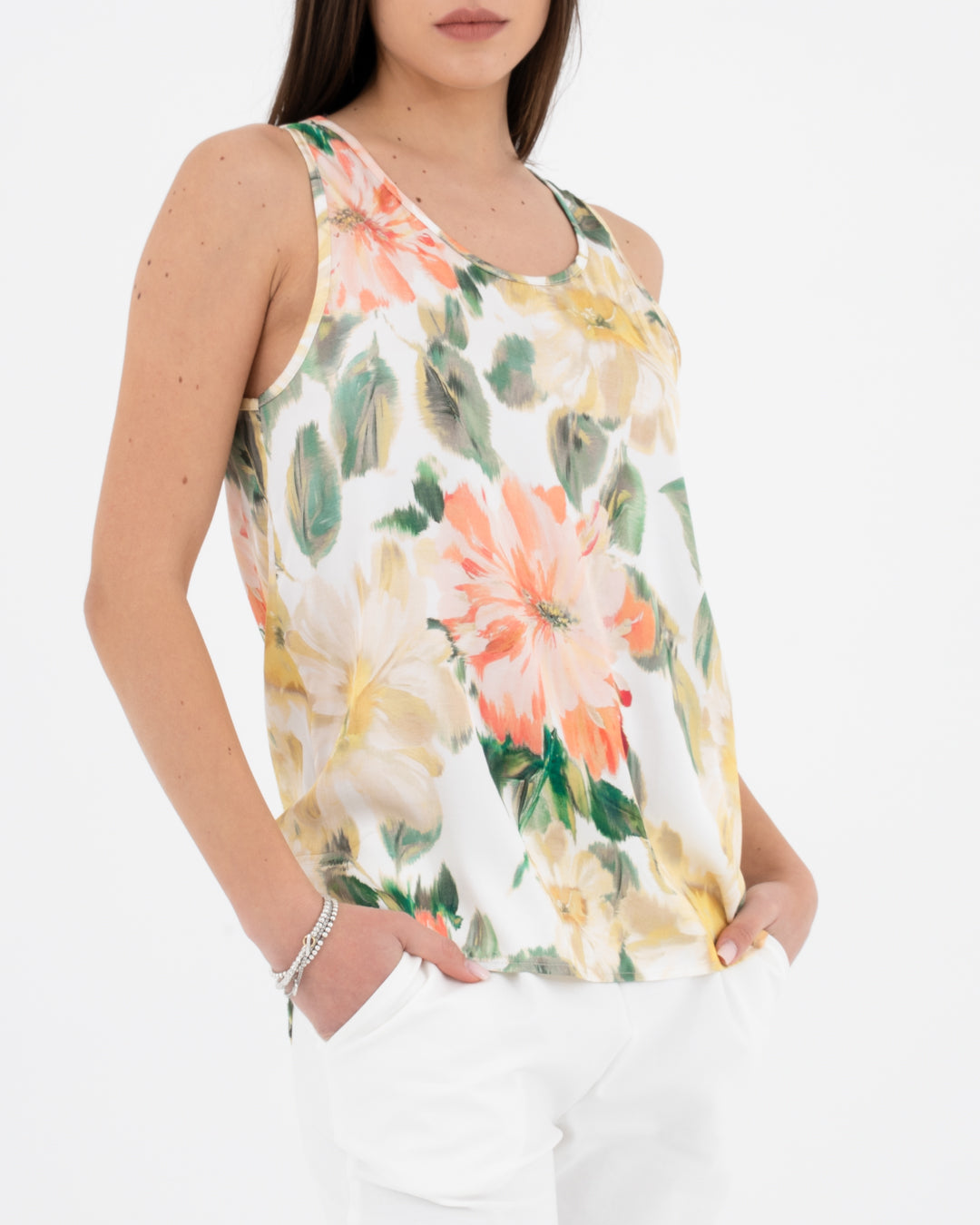 Viscose satin tank top with floral pattern