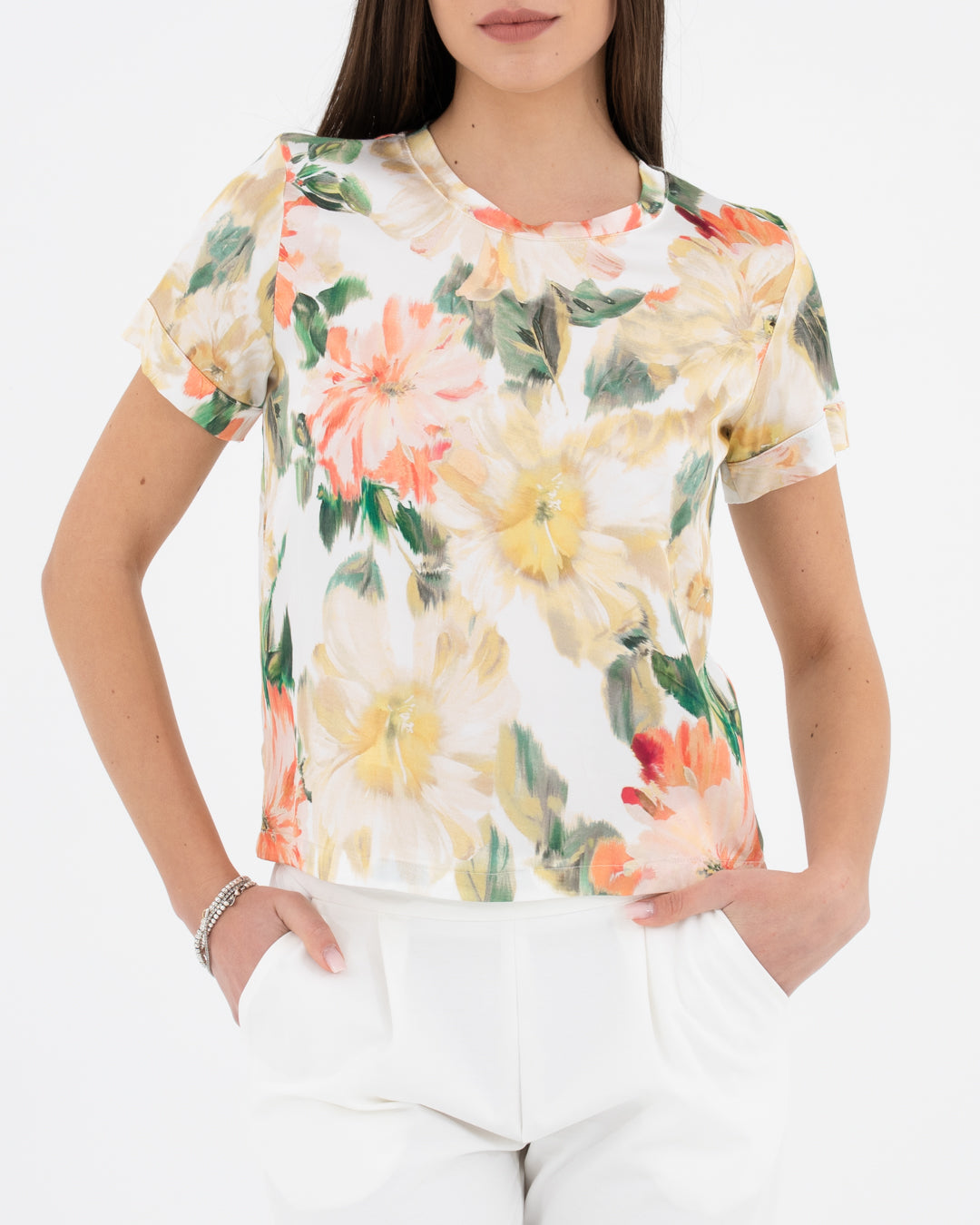 Viscose satin t-shirt with floral pattern