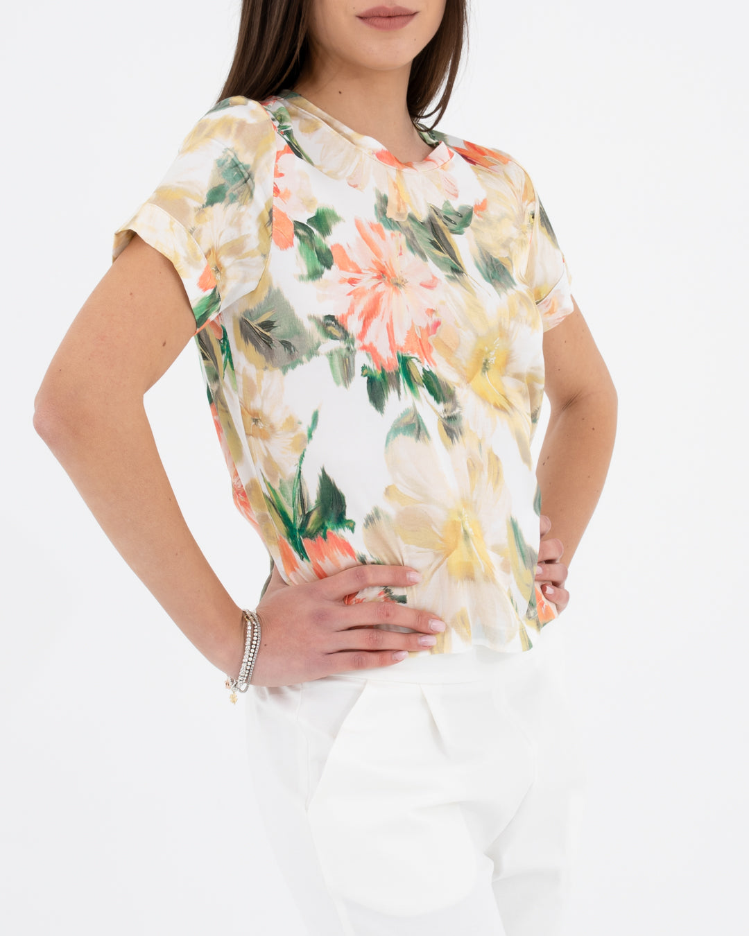 Viscose satin t-shirt with floral pattern
