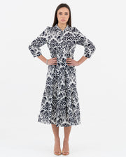 White and blue patterned dress with 3/4 sleeves