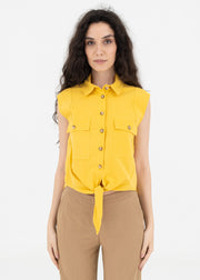 Camicia giromanica con nodo e tasche in lino e viscosa