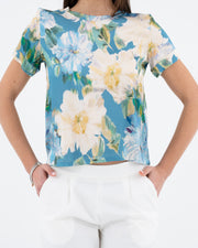 Viscose satin t-shirt with light blue floral pattern