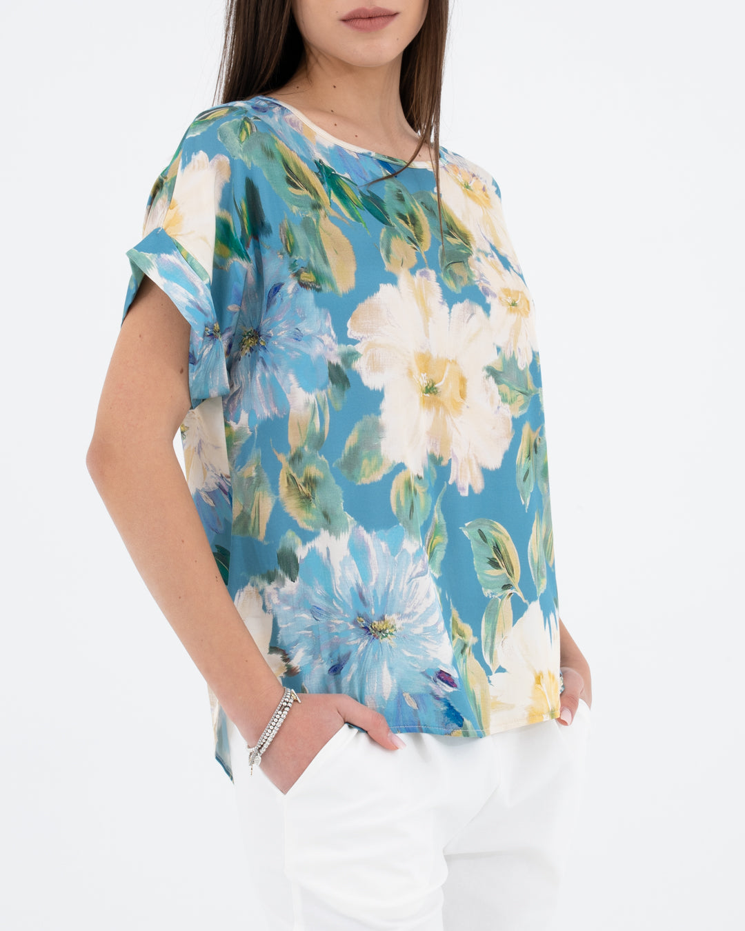 Blusa con manica risvoltata fantasia floreale celeste