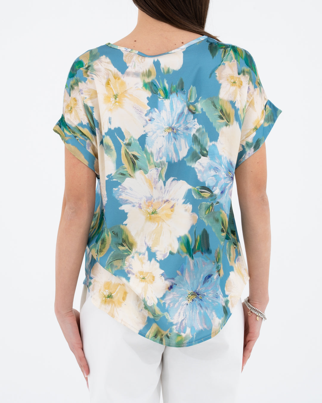 Blusa con manica risvoltata fantasia floreale celeste