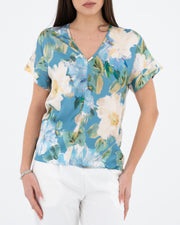 Blusa con scollo a V fantasia floreale celeste