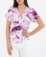 Purple patterned V-neck blouse