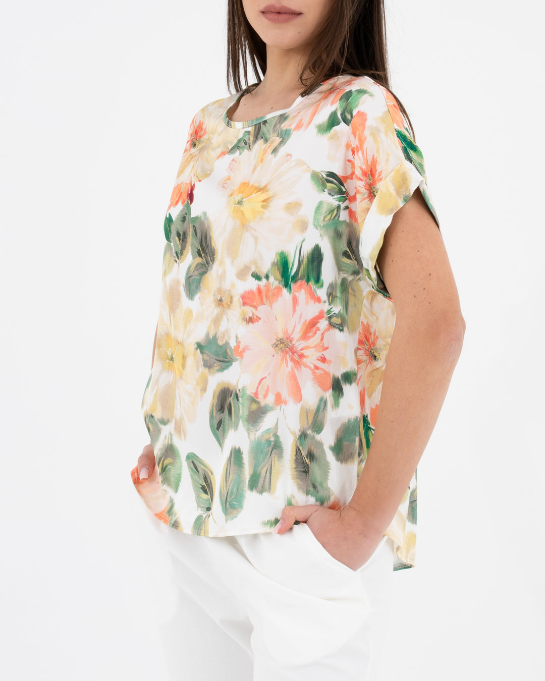 Blusa con manica risvoltata fantasia floreale
