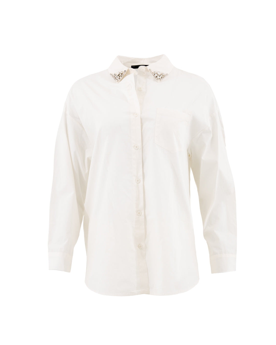 Cotton shirt with neckline rhinestones