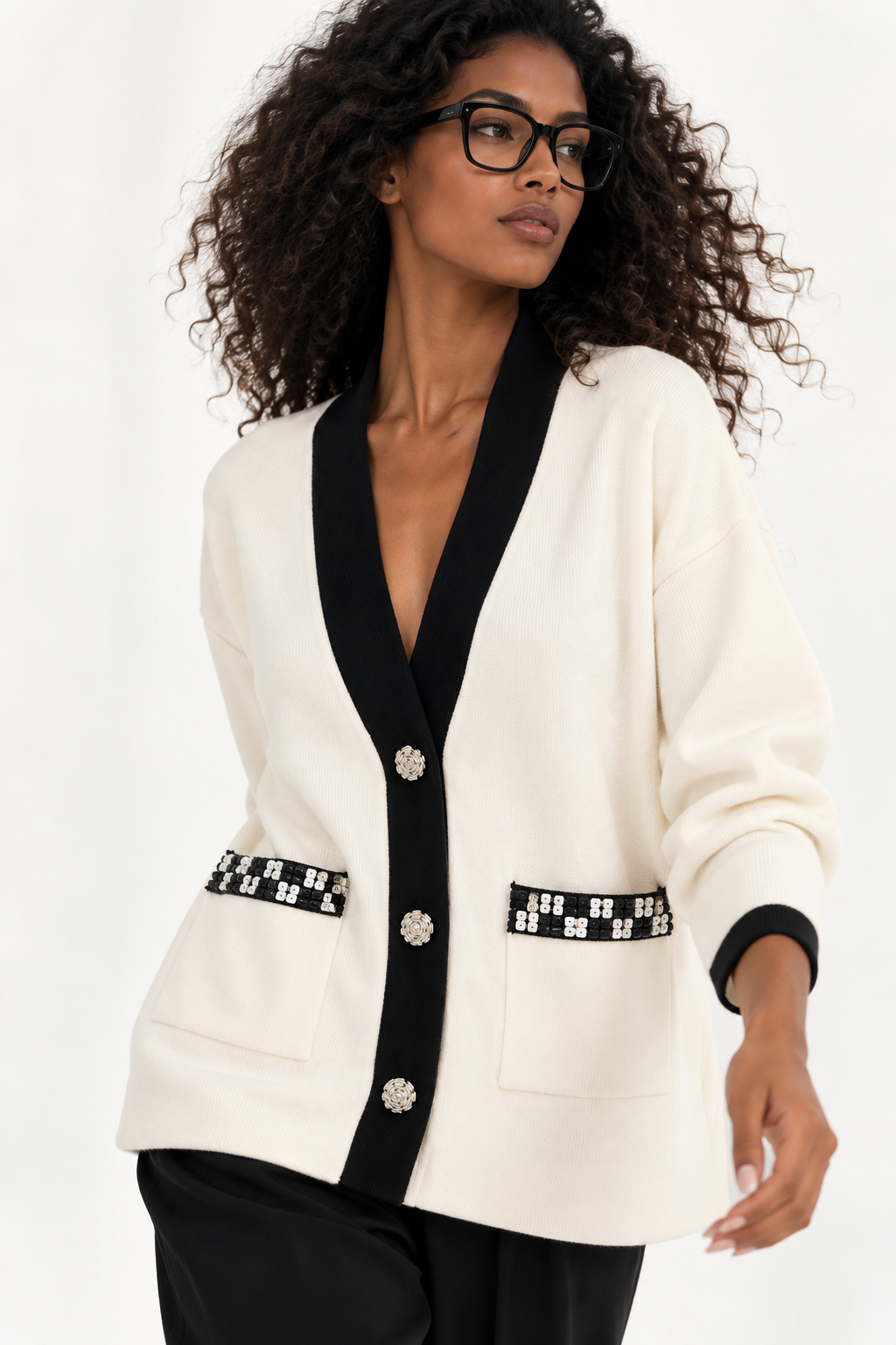 Cardigan bicolor tasche strass